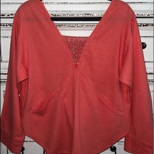 🧡Free People coral embroidered lace top with pockets size XS cute top!🍑